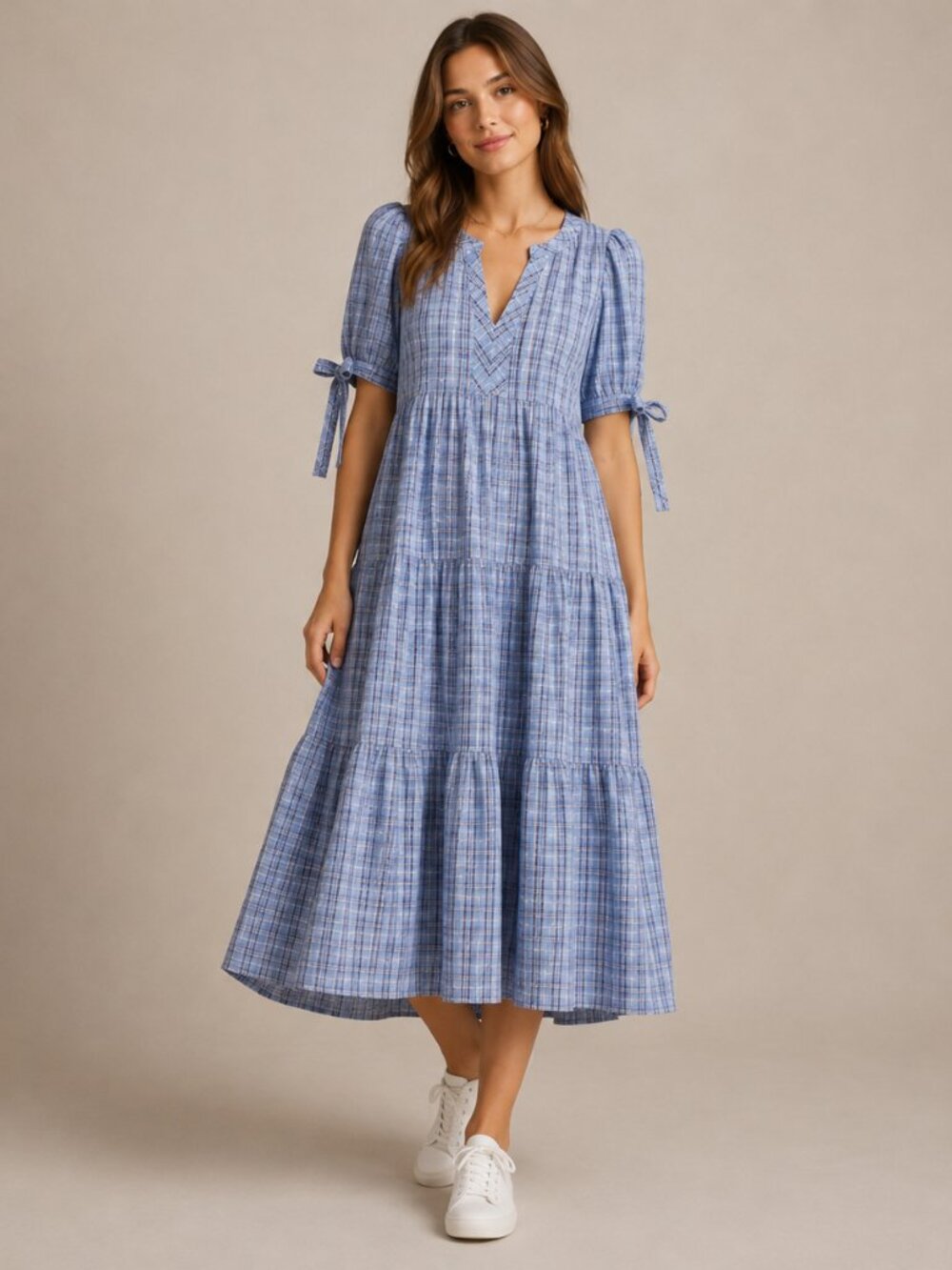 Anthropologie English Factory Gingham Tiered Puff Sleeve Midi Dress Blue L